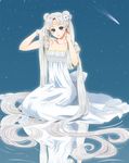  back_bow bad_id bad_pixiv_id bare_shoulders bishoujo_senshi_sailor_moon blue_background blue_eyes bow cinnamun crescent double_bun dress facial_mark flower forehead_mark full_body hair_flower hair_ornament hairpin highres long_hair princess_serenity reflection smile solo strapless strapless_dress tears tsukino_usagi twintails white_dress white_hair 