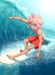  barefoot glasses grin inazuma_eleven_(series) inazuma_eleven_go male_focus maron_(quintet_colors) older pink_hair smile solo surfboard surfing tsunami_jousuke water waves 