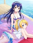  arm_support ass ayase_eli bikini blonde_hair blue_eyes blue_hair bracelet breasts cleavage collarbone earrings frilled_bikini frills hairband highres innertube jewelry looking_at_viewer looking_back love_live! love_live!_school_idol_project lying medium_breasts multiple_girls natsuiro_egao_de_1_2_jump! necklace ocean on_stomach open_clothes open_shirt parted_lips pier ponytail shirt sideboob sitting sonoda_umi swimsuit tucana water white_bikini white_swimsuit yellow_eyes 