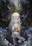  1girl absurdres alcd bird cross feathers flower highres jewelry long_hair looking_at_viewer necklace original owl pixiv_fantasia pixiv_fantasia_new_world robe silver_hair solo yellow_eyes 