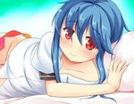  afterglow blue_hair blush bottomless collarbone dress_shirt hinanawi_tenshi long_hair looking_at_viewer lying naked_shirt niiya on_side pillow puffy_sleeves red_eyes shirt short_sleeves smile solo touhou 