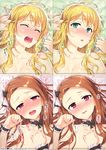  blonde_hair blush brown_hair closed_eyes green_eyes highres hoshii_miki idolmaster idolmaster_(classic) long_hair minase_iori multiple_girls open_mouth redrop sample sexually_suggestive smile sweat tears trembling 