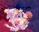  ao_no_exorcist bad_id bad_pixiv_id black_hair blue_hair blush fang finger_in_mouth male_focus moyuki multiple_boys okumura_rin on_person open_clothes open_shirt pointy_ears red_hair shima_renzou shirt sweat tail yaoi 