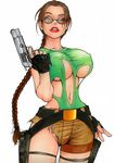  1girl breasts gun lara_croft large_breasts lipstick makeup solo sunglasses tomb_raider torn_clothes weapon white_background 