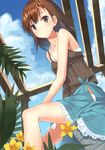  blush brown_eyes brown_hair fikusipu flower misaka_mikoto shiny shiny_skin short_hair sitting skirt solo to_aru_kagaku_no_railgun to_aru_majutsu_no_index 