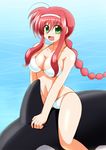  amitie_florian azumaya_hironaru bikini braid breasts cleavage green_eyes hairband inflatable_orca inflatable_toy large_breasts long_hair lyrical_nanoha mahou_shoujo_lyrical_nanoha_innocent ocean red_hair riding single_braid solo swimsuit water whale 