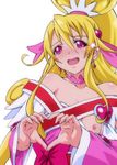  :d aida_mana bare_shoulders blonde_hair blush bow cure_heart dokidoki!_precure earrings ero_koutei flat_chest heart heart_hands highres jewelry long_hair nipples off_shoulder open_mouth pink_bow pink_eyes pink_sleeves precure simple_background smile solo star tears white_background 