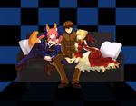  2girls blonde_hair brown_hair chabotaro couch dress fate/extra fate_(series) japanese_clothes kishinami_hakuno_(male) multiple_girls nero_claudius_(fate) nero_claudius_(fate)_(all) pillow pink_hair red_dress tamamo_(fate)_(all) tamamo_no_mae_(fate) 