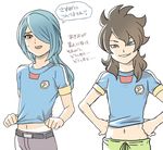  blue_eyes blue_hair blush brown_hair crossover fudou_akio grin hair_over_one_eye inazuma_eleven inazuma_eleven_(series) inazuma_eleven_go inazuma_japan kazemaru_ichirouta lightning_bolt long_hair male_focus midriff mizuhara_aki multiple_boys navel older open_mouth simple_background smile soccer_uniform sportswear translation_request undersized_clothes white_background 