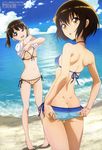  :d :o absurdres adjusting_clothes adjusting_swimsuit ass aura_~maryuuinkouga_saigo_no_tatakai~ back barefoot beach bikini brown_eyes brown_hair butt_crack cloud day dimples_of_venus front-tie_top highres kawashima_hisashi kobato_shinako looking_at_viewer looking_back megami multiple_girls navel non-web_source ocean official_art open_mouth outdoors pigeon-toed satou_ryouko shirt_lift short_hair side-tie_bikini sky smile swimsuit twintails undressing water yellow_eyes 