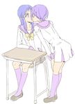  blue_hair chair desk dokidoki!_precure hishikawa_rikka kenzaki_makoto kiss leaning_forward long_hair multiple_girls negom oogai_daiichi_middle_school_uniform precure purple_hair purple_sailor_collar sailor_collar school_desk school_uniform short_hair simple_background sitting standing surprise_kiss surprised white_background yuri 