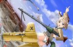  aegis_(nerocc) aerial_battle aircraft airplane animal_ears battle blonde_hair blue_eyes cloud cloudy_sky day desert drum_magazine fire flying garrison_cap goggles goggles_around_neck gun hat head_wings looking_at_viewer machine_gun mg34 military military_uniform open_mouth panties pointing raisa_pottgen short_hair sky smoke strike_witches striker_unit tail underwear uniform war weapon world_witches_series 