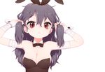  :&lt; animal_ears aratagawa_nikei bandages bare_shoulders black_hair blush bow bowtie breasts bunny_ears bunny_girl bunnysuit cleavage commentary_request detached_collar kirishima_sagiri long_hair medium_breasts red_eyes solo twintails ukagaka wrist_cuffs 