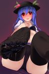  absurdres black_legwear black_panties blue_hair bow bow_panties dot_r feet highres hinanawi_tenshi looking_at_viewer navel panties perspective pov_feet red_eyes smile solo suggestive_fluid thighhighs thighs touhou underwear 