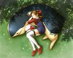  1girl brown_hair eyes_closed hat kotone_(pokemon) pokemon pokemon_(game) pokemon_hgss sleeping thighhighs twintails typhlosion 