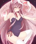  animal_ears bow bowtie breasts bunny_ears bunny_girl bunnysuit chimunge full_moon highres leotard long_hair medium_breasts moon necktie night one_eye_closed pointing purple_hair red_eyes red_moon reisen_udongein_inaba solo thighhighs touhou white_legwear wrist_cuffs 