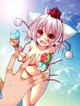  animal_ears beach bikini bikini_top_removed blue_sky blurry blush breasts censored cleavage cloud collarbone convenient_censoring day depth_of_field double_scoop fang food hat hat_ribbon ice_cream ice_cream_cone inubashiri_momiji large_breasts lens_flare meiya_neon navel open_bikini open_clothes open_mouth out_of_frame outdoors pov pov_hands red_bikini red_eyes ribbon silver_hair sky solo_focus striped striped_bikini striped_swimsuit sun swimsuit tears tokin_hat topless touhou wardrobe_malfunction wavy_mouth wolf_ears 