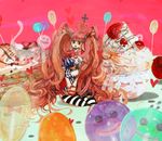  bow candy capelet crown cupcake female food fruit heart highres kumacy lollipop long_hair long_sleeves one_piece pancake perona pink_hair raspberry sitting skirt smile solo strawberry striped striped_legwear stuffed_toy toy twintails whipped_cream 