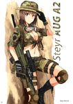  assault_rifle belt boots breasts brown_eyes brown_hair bullpup camouflage camouflage_hat cleavage fingerless_gloves front-tie_top glock gloves goggles goggles_around_neck gun handgun hat holster knee_pads medium_breasts midriff military_operator navel original pistol rifle scope shirt short_hair shorts smile snap-fit_buckle solo steyr_aug thigh_holster tied_shirt trigger_discipline tsurui vertical_foregrip watch weapon 