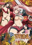  3girls black_hair bra breasts brown_hair hyakka_ryouran_samurai_girls large_breasts long_hair maeda_keiji_(hyakka_ryouran) multiple_girls panties pink_hair purple_eyes red_eyes sanada_yukimura_(hyakka_ryouran) thighhighs tokugawa_sen underwear 