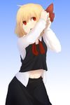  adjusting_hair ascot belly black_dress blonde_hair dress dressing gradient gradient_background hair_ribbon navel open_clothes open_mouth open_shirt ribbon rumia shirt short_hair simple_background skirt skirt_set solo terimayo touhou tying_hair untied 