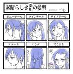  alternate_hairstyle blue_eyes blue_hair chart dokidoki!_precure glasses hishikawa_rikka long_hair multiple_views negom ponytail precure short_hair translated twintails 