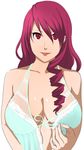  absurdres breasts cleavage drill_hair fingernails front-tie_top hair_between_eyes hair_over_one_eye highres kirijou_mitsuru large_breasts lingerie lips lipstick long_fingernails long_hair looking_at_viewer makeup nail_polish negligee persona persona_3 red_eyes red_hair shiny shiny_skin simple_background solo tonotyama underwear white_background 