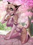  2019 5_fingers anthro big_breasts blonde_hair breasts cltohed day detailed_background digital_media_(artwork) feline female green_eyes hair huge_breasts imanika kneeling lynx mammal navel open_mouth outside smile solo tongue 