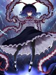  black_legwear electricity frills hat hat_ribbon highres long_sleeves nagae_iku pantyhose purple_hair red_eyes ribbon rihito_(usazukin) shawl shirt short_hair smile solo touhou 