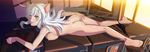  animal_ears ass bakemonogatari barefoot black_hanekawa black_panties breasts cat_ears classroom desk fang feet grey_hair hanekawa_tsubasa highres kneepits legs long_hair long_legs lying medium_breasts monogatari_(series) nipples nude on_stomach orange_eyes panties panties_around_one_leg school_desk slit_pupils soles solo spoilers spread_ass thong tooo underwear 