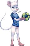  anthro ball bastion blue_eyes bottomless buckteeth circumcised clothed clothing cub flaccid fur humanoid_penis mammal mouse penis pink_nose rodent simple_background soccer_ball standing teeth whiskers white_fur young 