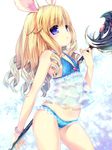  animal_ears bikini blonde_hair blue_bikini blue_eyes blush drill_hair elin_(tera) emily_(pure_dream) flat_chest frilled_bikini frills heart holding long_hair parted_lips solo staff swimsuit tera_online 