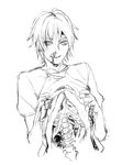  1boy blood guro long_hair monochrome nosebleed skeleton 