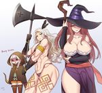  abs amazon_(dragon's_crown) armor axe bikini_armor blonde_hair boots bow_(weapon) breast_envy breasts brown_eyes cleavage dragon's_crown dress elf_(dragon's_crown) english feathers gloves green_eyes hat hat_over_one_eye hood huge_breasts large_breasts lips long_hair multiple_girls muscle muscular_female orange_hair profanity shaded_face silver_hair smile sorceress_(dragon's_crown) staff strapless strapless_dress tattoo thick_thighs thigh_boots thighhighs thighs triangle_mouth weapon witch_hat zhen_lu 