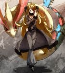  1girl blonde_hair breasts cleavage coat hair_ornament holding holding_poke_ball long_hair milotic nintendo poke_ball pokemon pokemon_(game) pokemon_dppt red_eyes scales shirona_(pokemon) smile yellow_eyes yk-kz 