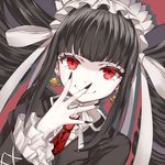  black_hair celestia_ludenberck danganronpa danganronpa_1 drill_hair earrings fingernails frills hairband hand_on_own_face jewelry lolita_hairband long_fingernails long_hair lowres momoko_(momopoco) nail_polish necktie red_eyes smile smirk solo 