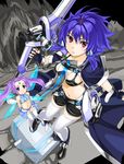  blue_eyes blue_hair boots breasts checkered checkered_floor cleavage cube from_above kurogin looking_at_viewer looking_up medium_breasts midriff multiple_girls navel original purple_hair red_eyes revealing_clothes serious short_hair short_sleeves smile stomach twintails weapon wings 