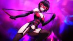  1girl choker corset dominatrix domino_mask elbow_gloves gloves high_school_dxd leather mask panties purple_eyes short_hair small_breasts solo sona_sitri thighhighs underwear whip 