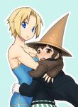  1girl bare_shoulders black_mage black_mage_(fft) blonde_hair blue_eyes blush breast_smother breasts brown_eyes brown_hair cape cleavage elbow_gloves elbow_pads embarrassed final_fantasy final_fantasy_tactics fingerless_gloves gloves hat height_difference large_breasts monk_(fft) outline short_hair simple_background smile tsukudani_(coke-buta) unitard white_gloves wizard_hat 