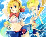  alice_margatroid arm_behind_head ball beachball bikini bikini_top blonde_hair blue_eyes blue_sky bow capelet cloud day doll_joints hair_bow hair_ribbon highres jewelry long_hair looking_at_viewer meiji_(charisma_serve) midriff miniskirt navel no_shirt ocean one-piece_swimsuit open_mouth polearm ponytail ribbon ring school_swimsuit shanghai_doll short_hair skirt sky smile swimsuit touhou traditional_media trident water watercolor_(medium) weapon white_bikini 