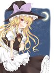  blonde_hair braid crescent fang gloves hat hat_ribbon kirisame_marisa night night_sky red_eyes ribbon side_braid sky solo touhou witch_hat yucchan_(drizzle_star) 