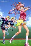  absurdres arm_up ball black_hair blonde_hair blush closed_eyes cloud day green_eyes hair_ribbon headband highres ichikawa_yoshiyuki kashiwagi_noemi legs mashiro_erisu megami multiple_girls non-web_source official_art open_mouth oribe_ayane panties pink_hair racket ribbon sky socks star_plus_one tennis_ball tennis_racket umikamome_kotone underwear uzuki_kanon 