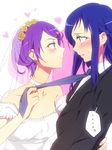  2girls blue_hair blush bridal_veil bride couple dokidoki!_precure dress embarrassed eye_contact face-to-face formal groom happy heart heart_background hishikawa_rikka imminent_kiss kenzaki_makoto long_hair looking_at_another multiple_girls necktie necktie_grab neckwear_grab negom precure profile purple_hair short_hair smile suit veil wedding_dress wife_and_wife yuri 