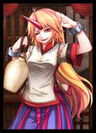  arm_up bad_id bad_pixiv_id blonde_hair bottle cuffs frame hanamaru-s horn hoshiguma_yuugi lantern long_hair looking_at_viewer one_eye_closed red_eyes sake_bottle salute shackles shirt short_sleeves skirt smile solo touhou very_long_hair 