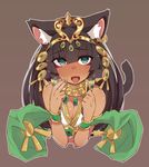  animal_ears bastet_(p&amp;d) black_hair breasts cat_ears cat_tail cleavage dark_skin egyptian fang green_eyes heart heart-shaped_pupils jewelry long_hair looking_at_viewer maze_(gochama_ze_gohan) medium_breasts open_mouth puzzle_&amp;_dragons solo symbol-shaped_pupils tail upper_body 