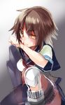  blood blood_on_face brown_hair burn_scar burnt furutaka_(kantai_collection) kantai_collection looking_at_viewer neckerchief nochita_shin scar school_uniform serafuku short_hair skirt solo tears yellow_eyes 