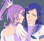  bad_id bad_pixiv_id blue_hair blue_sailor_collar blush chin_grab cure_sword dokidoki!_precure eye_contact face-to-face hishikawa_rikka imminent_kiss kenzaki_makoto long_hair looking_at_another multiple_girls negom precure purple_hair sailor_collar short_hair simple_background wince yuri 