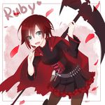  belt big_cat_shan black_eyes bullet cape character_name crescent_rose cross fang highres long_sleeves open_mouth pantyhose petals red_hair rose_petals ruby_rose rwby scythe short_hair signature skirt smile solo weapon 