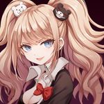  bear_hair_ornament blonde_hair blue_eyes bow breasts cleavage danganronpa danganronpa_1 enoshima_junko hair_ornament long_hair looking_at_viewer lowres medium_breasts momoko_(momopoco) necktie open_mouth pink_hair school_uniform smile solo spoilers twintails 