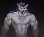  blue_hair canid canine canis digital_media_(artwork) fur hair half_naked hi_res kzlion long_hair male mammal muscular nipples smile wolf yellow_eyes 